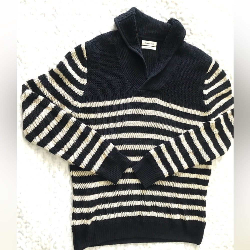 🌺Massimo Dutti Navy and Light Cream Linen Blend Shawl Collar Striped Sweater